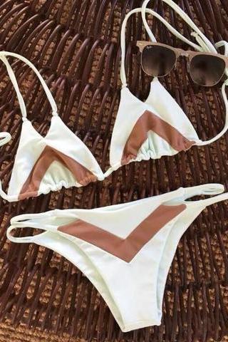 Sexy Two Straps White Brown Splicing Two Piece Bikini