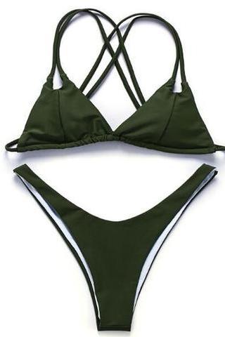 Pure Color Two Straps Back Knot Army Green Simple Two Piece Bikini