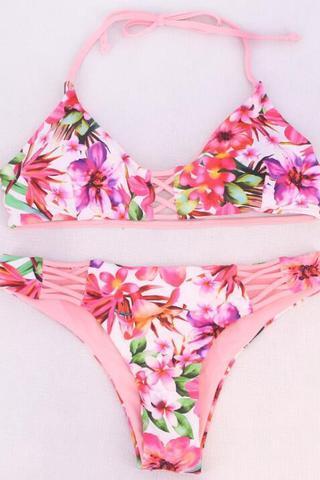 Sexy Fashion Pink Floral Halter Chest And Bottom Side Hollow Two Piece Bikini