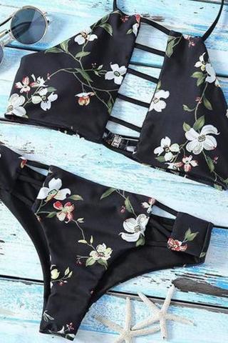 Hollow Sexy Floral Print Halter Beach Bikini Set Swimsuit Swimwear