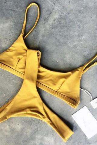 Pure yellow vest type two piece bikini swimsuit