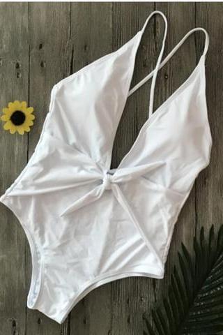 Sexy deep v neck backless cross waist knot one piece bikini pure white show thin