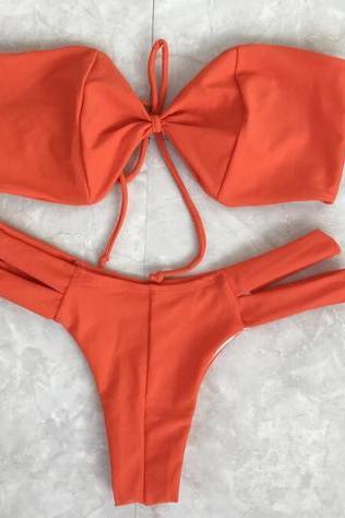 Sexy fashion orange strapless bowknot bottom side open two piece bikini pure color