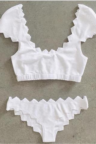 Pure Color Short Sleeve Edge Scalloped Vest Type Two Piece Bikini White