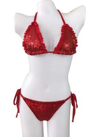 Sexy red sequins shining four knot two piece bikini