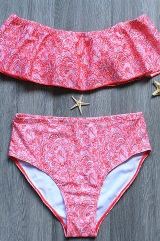 Sexy Red Floral Print Off Shoulder Lotus Strapless Two Piece Bikini