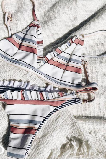 Two-piece Bikini Triangle Top And Bottom With Colourful Stripes And Frills