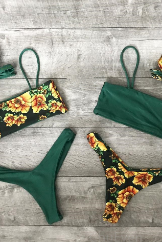 Green Floral Two Piece Bikinis