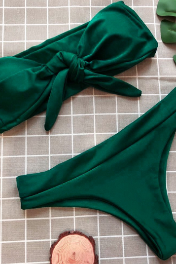Pure Color Bows Green Two Piece Bikinis