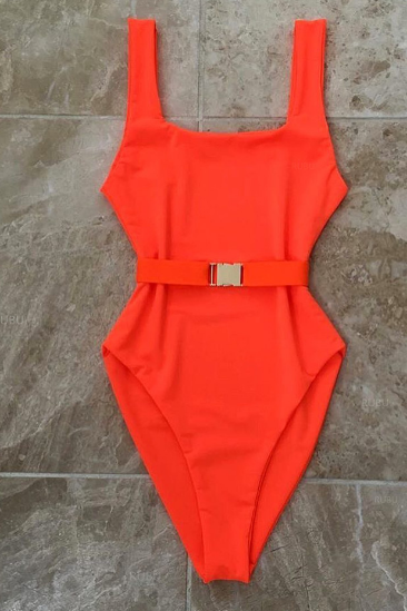 Square Neck One-piece Swimsuit Featuring Belt