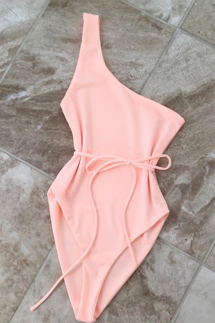  Light Pink One-Shoulder One-Piece Swimsuit Featuring Tie Accent Belt