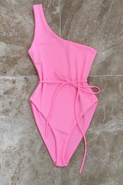 Pink One-shoulder One-piece Swimsuit Featuring Tie Accent Belt