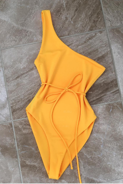 Mustard Yellow One-shoulder One-piece Swimsuit Featuring Tie Accent Belt