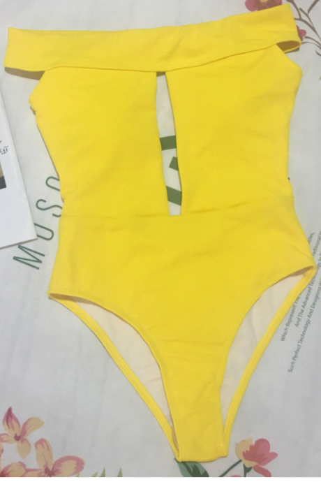 Integrated Swimsuit Hollowed Out Bikini Solid Color Swimsuit Yellow