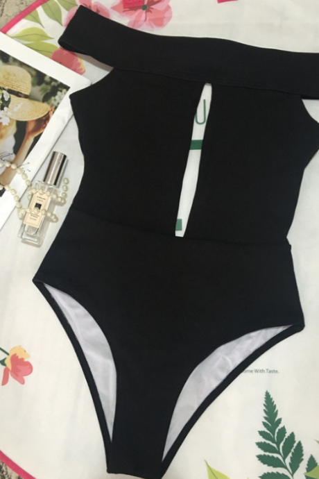 Integrated Swimsuit Hollowed Out Bikini Solid Color Swimsuit Black