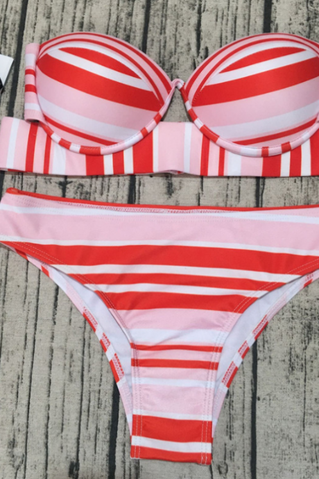Red Stripe Two Piece Swimwear Bathsuit Bikinis