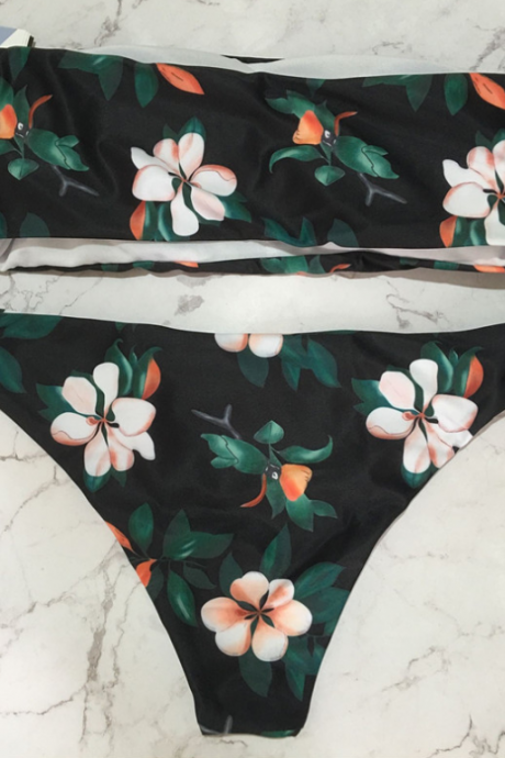 Two Piece Print Floral Swimwear Bathsuit Bikinis Black