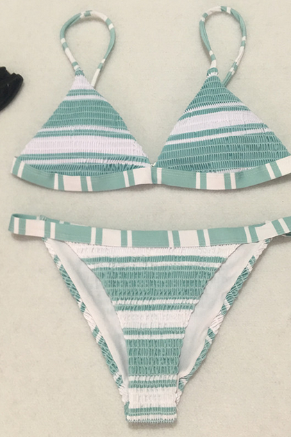 Seersucker Bikini Striped Print Swimsuit Sexy Split Bikini