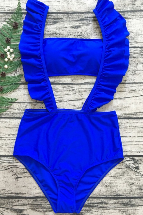 One-piece Bikini Solid Color Breast Wipe Swimsuit Flounce Swimsuit Women High Waist Sexy