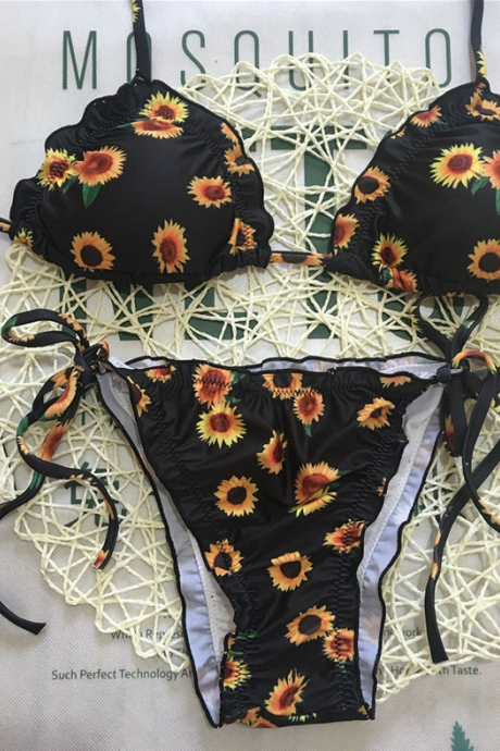 Sunflower Print Bikini Swimsuit Women Feel Flounce Swimwear Belt