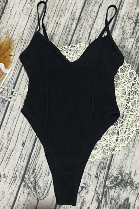 Style One-piece Bikini Black Mesh Swimsuit One-piece Backless Swimsuit Solid Color