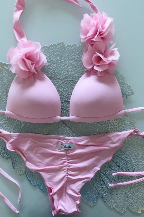 Pink Flower Bikini Plain Color Lashing Swimsuit With Pleats For Women