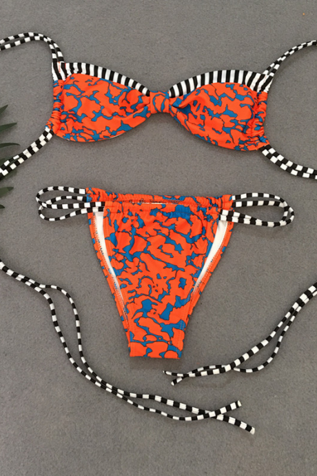 New leopard print bikini strap women's swimwear striped print swimwear bow
