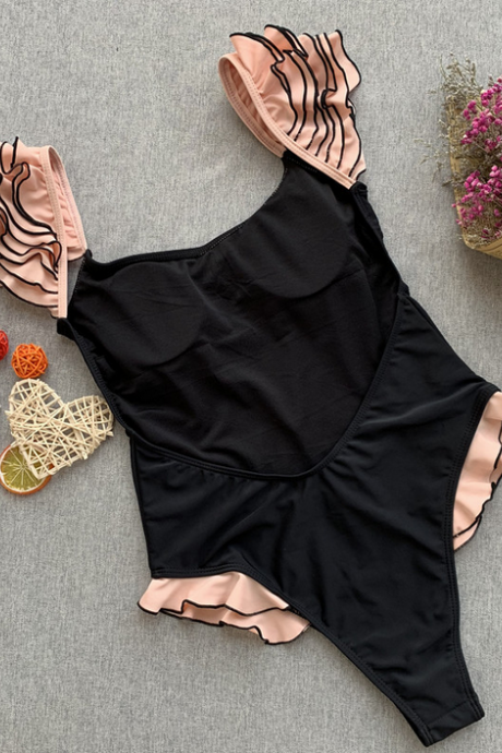Style One-piece Bikini Solid Color One-piece Swimsuit Women's Lace Swimsuit Flounces