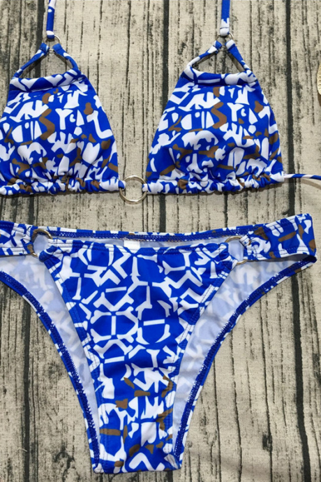New printed bikini strap swimsuit ladies sexy swimsuit blue and white porcelain