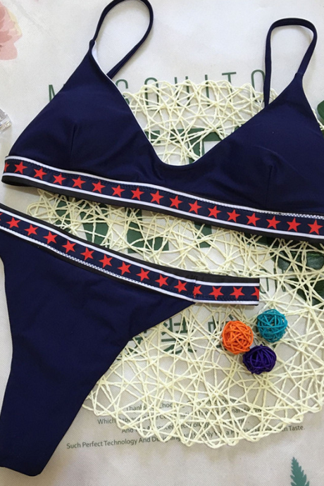 New bikini solid color five-pointed star ribbon stitching swimsuit sexy swimsuit