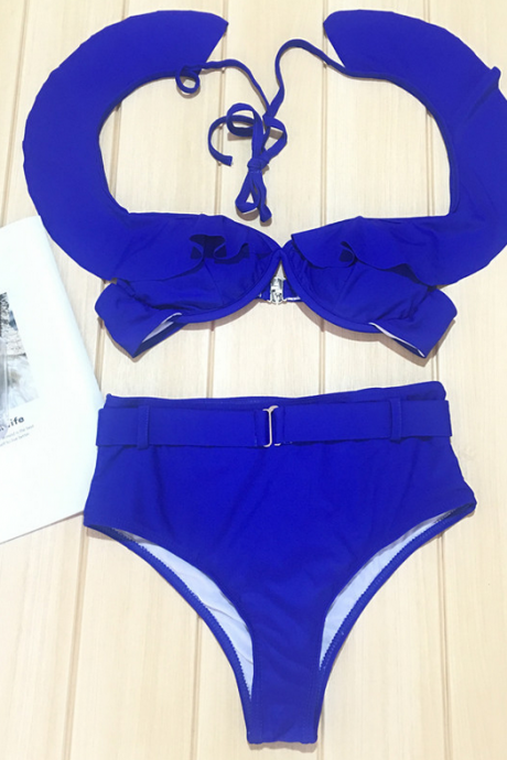 Style Solid Color Bikini Flounce Strap Swimsuit Women's High-waisted Swimsuit Steel Support