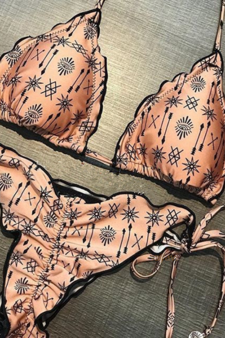 New vintage printed bikini strap swimsuit sexy swimsuit