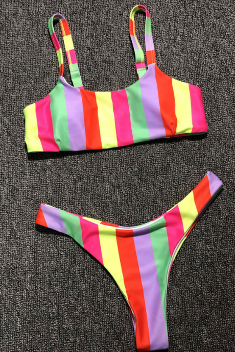 Burst splice sports bikini color Stripe sexy split bathing suit bikinis