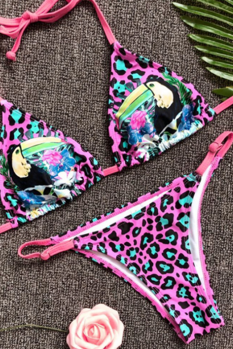 The Lady Sexy Purple Print Leopard Pattern Split Bathing Suit