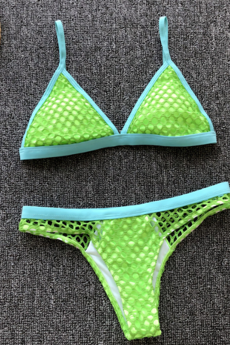 Pure Color Fishing Grid Split Sexy Bikini