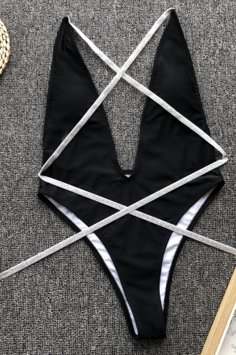Deep V open-back sequins shoulder strap pure color bikini