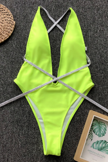 Deep V Open-back Sequins Shoulder Strap Pure Color Bikini