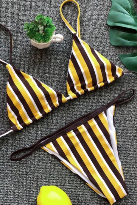 Burst print Stripe triangle sexy open back split bathing suit