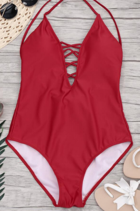 Pop sexy tie with tight hollow Suspender open back swimsuit