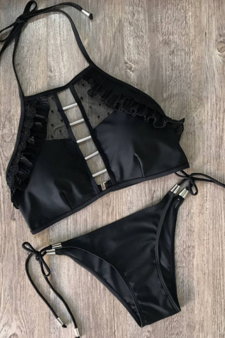 Black Halter Neck Top Two-Piece Bikini Set