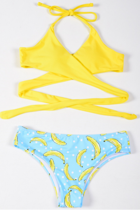 Yellow And Blue Banana Print Two Pieces Bikini Set