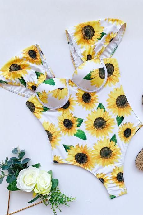 New one piece swimsuit sunflower printed bikini women's swimsuit