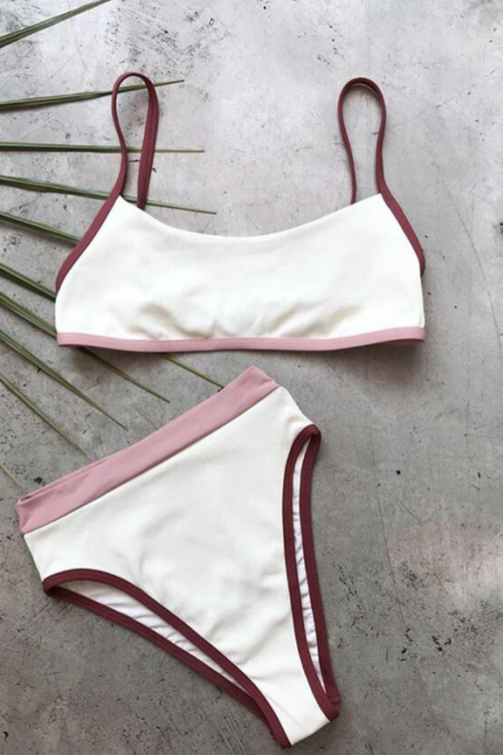 Sexy open back strap color matching split swimsuit belt high waist bikini