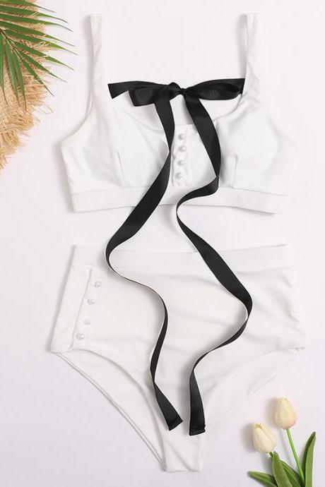 Swimsuit Women&amp;#039;s High Waist Split Breastplate Button Sexy Tie With European And American Swimsuit Cross Border Bikini