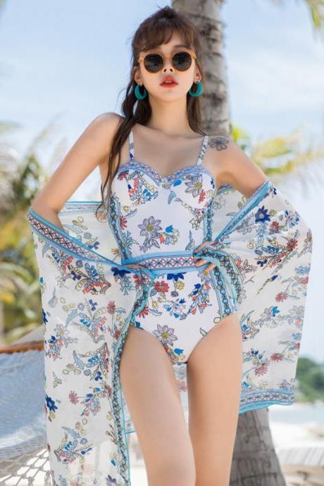 Vintage Printed Suspender With Small Chest And Steel Support Triangle One-piece Swimsuit Two Piece Women's Sexy Cape Set