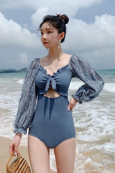Sexy Hollow Open Back Laces Gather To Cover The Belly Slimming Mesh Long-sleeved Conservative One-piece Swimsuit