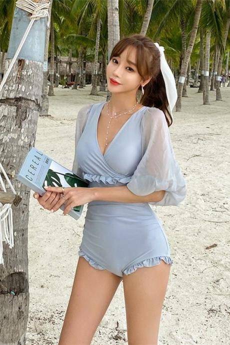 The Female Sense Is Thin And Cover Belly One-piece Middle-sleeved Puff Sleeve Beach Spring Swimsuit