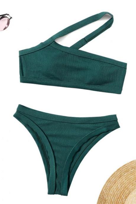 Style Split Swimsuit Solid Color High Waist Sexy Bikini One-shoulder Sling Swimsuit
