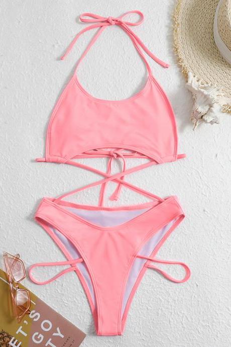 Women's Sexy Solid Color Lace-up Cross-piece Swimsuit