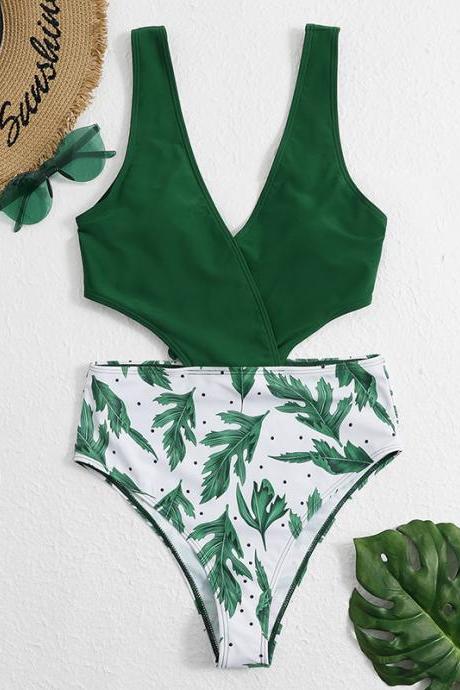 Solid Color Printing Stitching One-piece Swimsuit Sexy Ladies Swimsuit